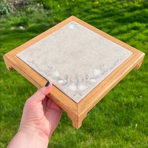 VTG Boho Neutral Pottery Italian Tile Wood Footed Display Pedestal Stand Trivet